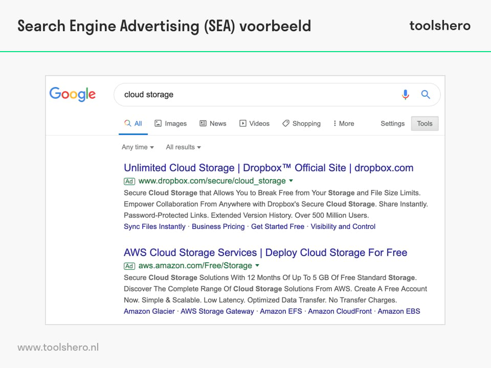 SEA Search Engine Advertising voorbeeld zoekmachine adverteren - toolshero